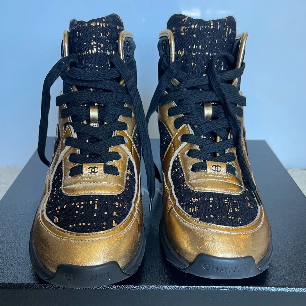 Chanel High Top Sneakers 19A Metiers d'Art Gold Metallic & Black Tweed SZ 39